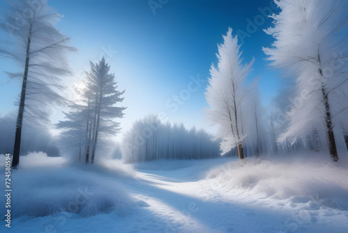 Serene Winter Landscape with Snow-Covered Trees and Clear Blue Sky © D