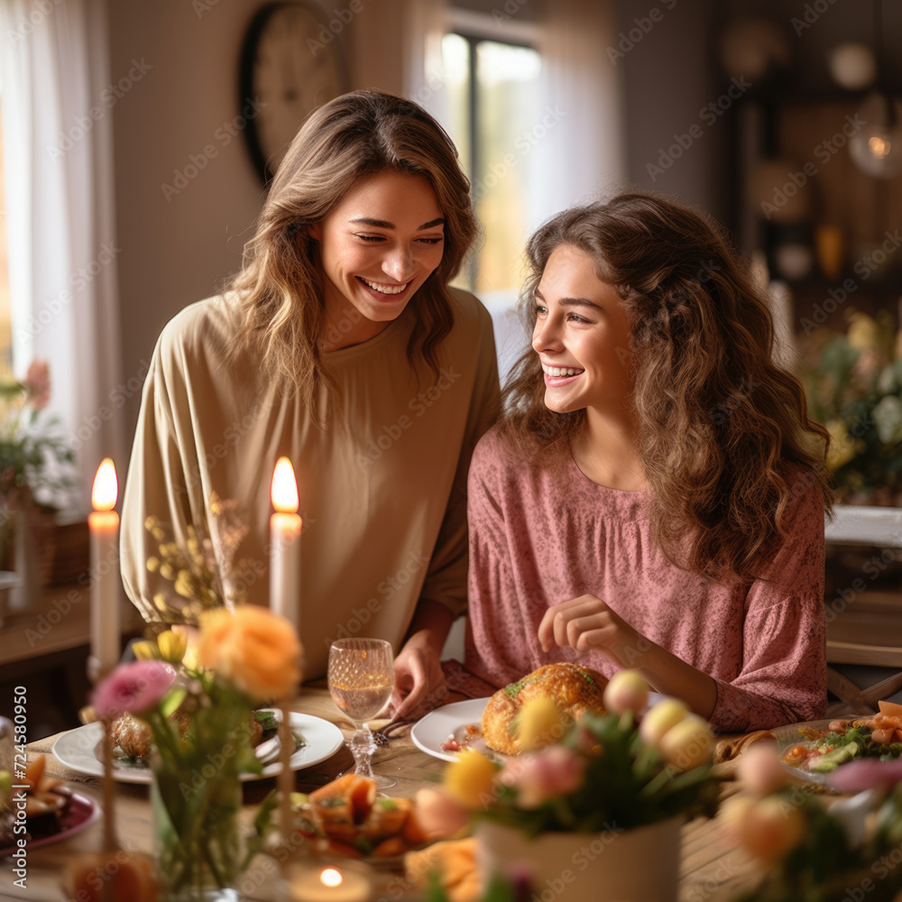two women friends celebrating Easter. ai generated