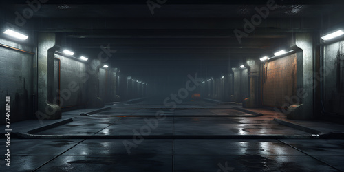 Midnight basement parking area or underpass alley Wet hazy asphalt with lights on sidewalls crime, 