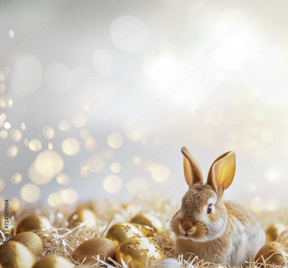 Easter bunny with easter eggs gold color rich white background, have space for add text square picture ads., Easter content illustrations, Easter egg background 1:1 square Easter bunny with easter eggs gold color rich white background, have space for add text square picture ads., Easter content illustrations, Easter egg background 1:1 square