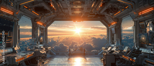 Window view of space and planets from a space station