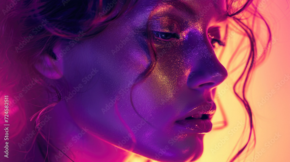 High Fashion model lips and face woman in colorful bright neon uv blue and purple lights, posing in studio