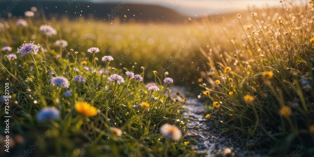 Beautiful summer meadow with wildflowers and sunbeams