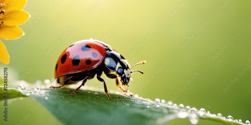 Ladybug on the grass with dew drops. Nature background.