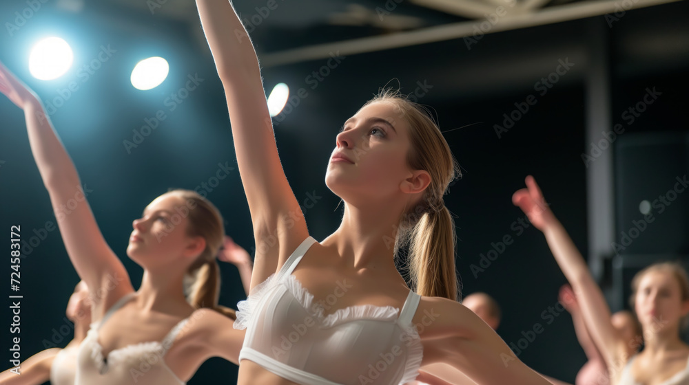 Fototapeta premium Focused ballerinas practicing in dance class, dedication and elegance in ballet school. Shallow field of view.