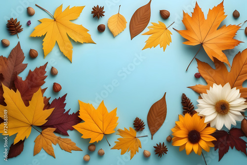 Autumn leaves and flowers composition isolated on blue background. Top view, flat lay.