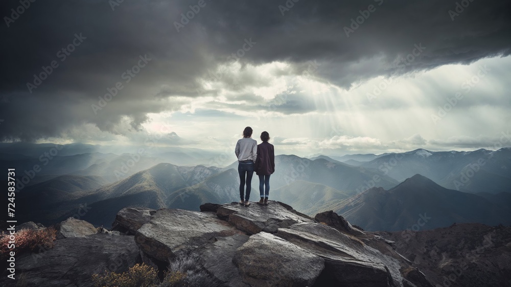 Lesbian Couple Holding Hands on Mountain Cliff Edge
