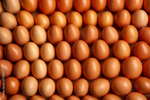 A lot of raw brown eggs in many rows as background