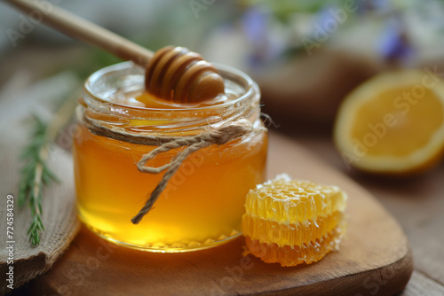 Honey Jar with Dipper and Honeycomb on Wooden Board