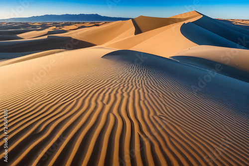 Majestic Sand Dunes and Desert Landscape with Blue Sky and Mountain Range