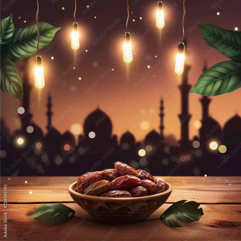 ramadan kareem iftar party invitation background- social media post ramadan background, dates with bulb combination poster