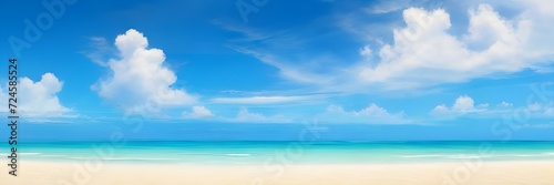 Panoramic view of a tropical beach and seascape, capturing the vast horizon where the beautiful expanse of the sky meets the sea.