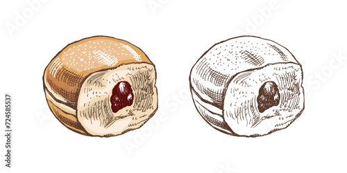 Traditional german polish donut with jam, dusted. Vintage colored and monochrome  illustration. Pastry sweets, dessert. Element for the design of labels, packaging and postcards.