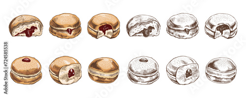 A set of hand-drawn colored and monochrome sketches of a traditional German or Polish donut with jam, dusted. Vintage. Pastry sweets, dessert. Element for the design of labels.