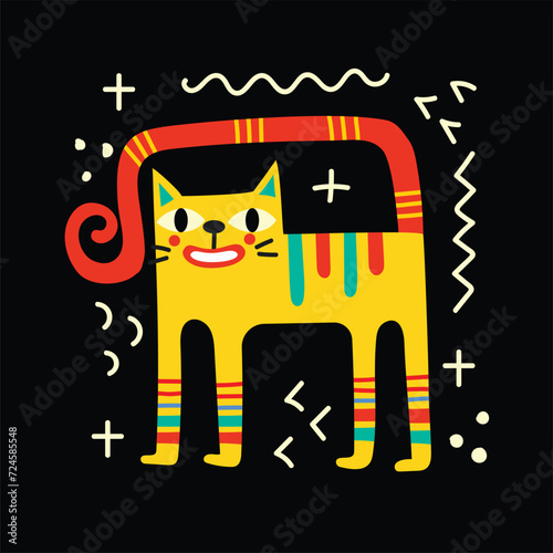 Collection with cute cat ,decorative abstract illustrations with colorful doodles, geometric shapes. Hand-drawn modern illustration with cats, flowers, abstract elements