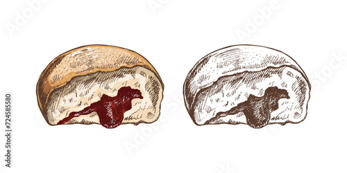 Traditional german polish donut with jam, dusted. Vintage colored and monochrome  illustration. Pastry sweets, dessert. Element for the design of labels, packaging and postcards.