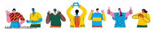 Set of happy people showing various positive emotions with gestures. Ok sign, thumbs up, victory fingers and hand heart. Colored flat vector illustration isolated on white background