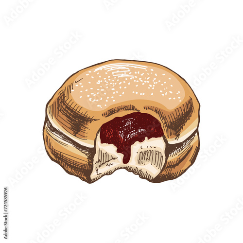 Traditional german polish donut with jam, dusted. Vintage colored illustration. Pastry sweets, dessert. Element for the design of labels, packaging and postcards.