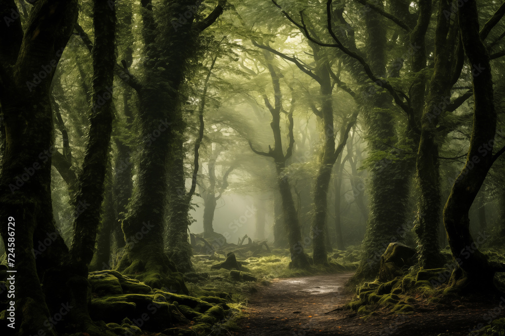 Foggy path in a picturesque forest in spring morning