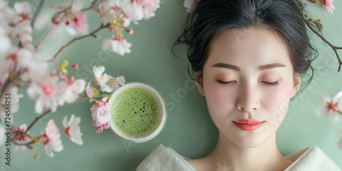 和やかな春の一時：閉じた瞳で抹茶を味わう女性 photo