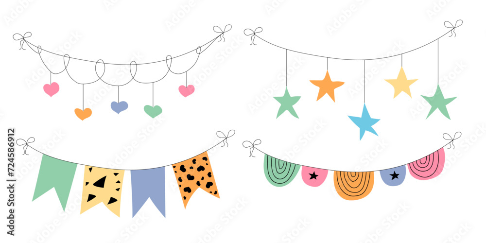 Flag garland bunting heart, star birthday party flat set. Anniversary, celebration party hanging flags cartoon collection. Buntings pennants, festival decoration. Flag garland bunting heart, star birthday party flat set. Anniversary, celebration party hanging flags cartoon collection. Buntings pennants, festival decoration.
