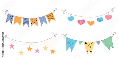 Flag garland bunting heart, star birthday party flat set. Anniversary, celebration party hanging flags cartoon collection. Buntings pennants, festival decoration. 