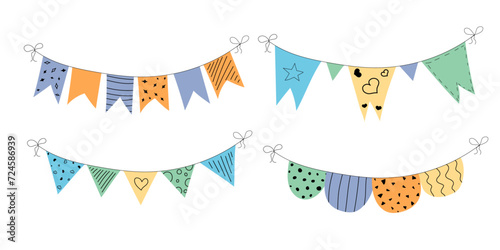 Flag garland bunting heart, star birthday party flat set. Anniversary, celebration party hanging flags cartoon collection. Buntings pennants, festival decoration. 