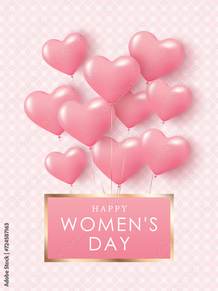 Cute vertical card for Women's Day with pink volumetric inflatable balloons in the shape of hearts. Girly background, cover design, poster, banner