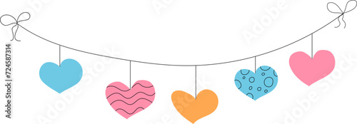 Flag garland bunting heart, star birthday party flat set. Anniversary, celebration party hanging flags cartoon collection. Buntings pennants, festival decoration. 