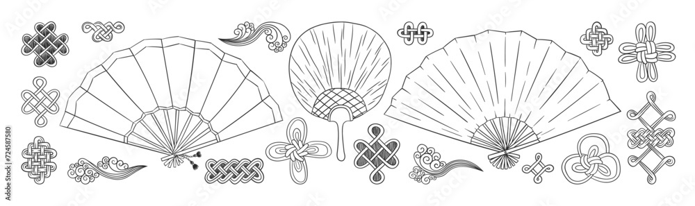 Chinese fans set. Asian doodles. Asia culture symbols. Japanese fan doodle. Chinese lucky knot charm amulet. Chinese New Year decoration. - obrazy, fototapety, plakaty 