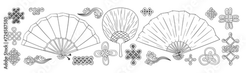 Chinese fans set. Asian doodles. Asia culture symbols. Japanese fan doodle. Chinese lucky knot charm amulet. Chinese New Year decoration.