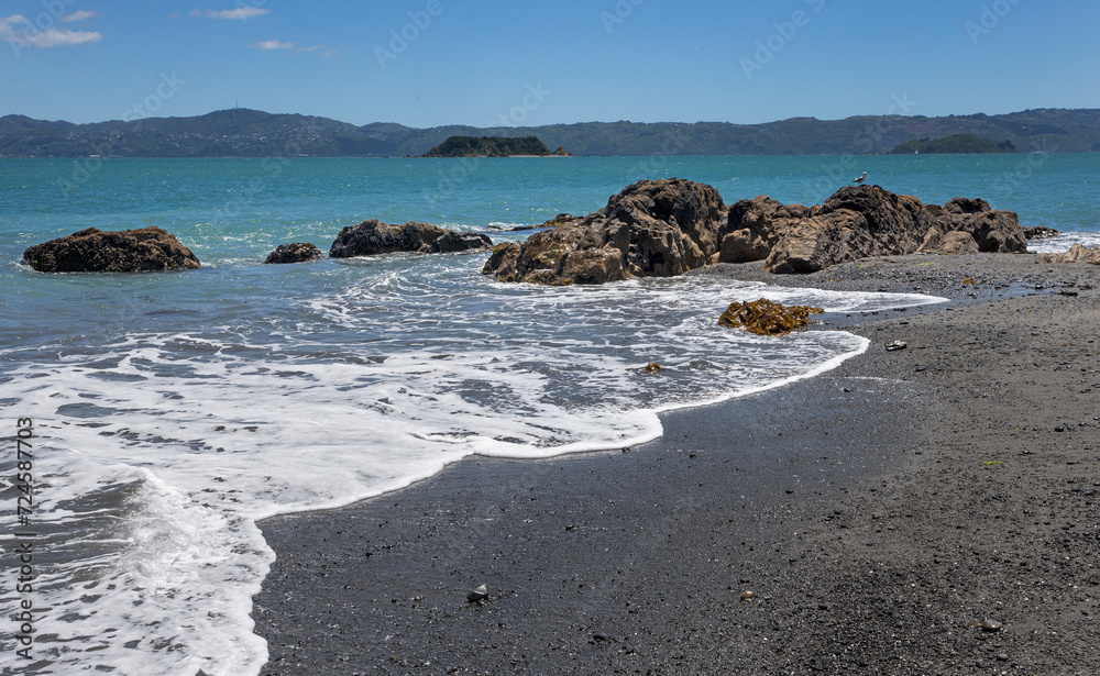 Beach and rocks at at Camp Bay. Wellington Harbour area. Coast. Beach and rocks at at Camp Bay. Wellington Harbour area. Coast.