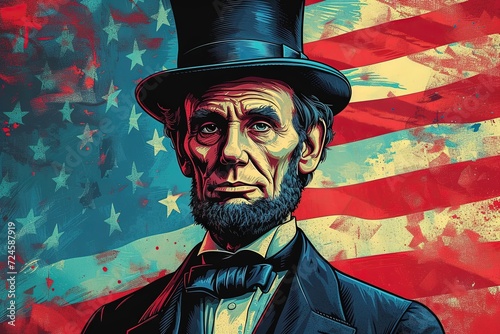 Cute President's Day Cartoon, flat design Abraham Lincoln with united states flag and blue red white hat color