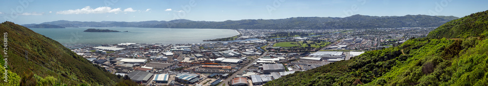 Aerial view over Lower Hutt. New Zealand. Wellington harbour. Panorama.