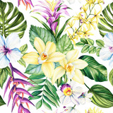 Tropical exotic leaves palm, orchid flowers and plants, floral background. Seamless pattern, watercolor summer wallpaper