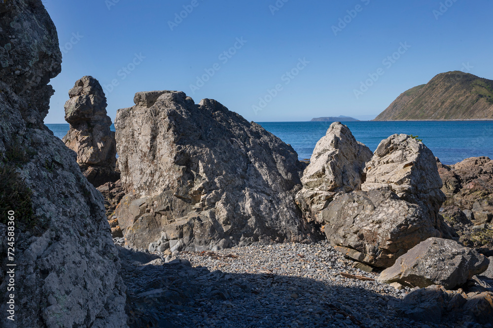Rocks at Makara Beach. Ohariu Bay. New Zealand. Wellington area. 