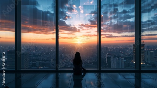  "Silhouette contemplative devant les fenêtres : Vue sur la ville au lever ou coucher du soleil"