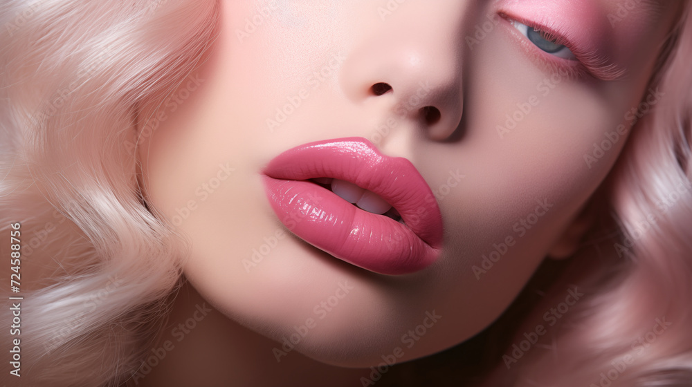 Close-up view of the pink lipstick-coated lips. Generative AI. Close-up view of the pink lipstick-coated lips. Generative AI.