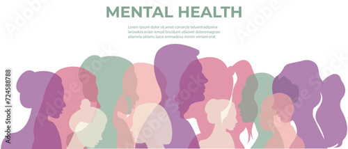 Mental health banner.Flat vector illustration with silhouettes of men and women.