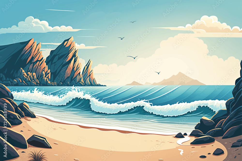 Sea or ocean beach with waves and mountains in the background. Summer background. Vector illustration EPS 10