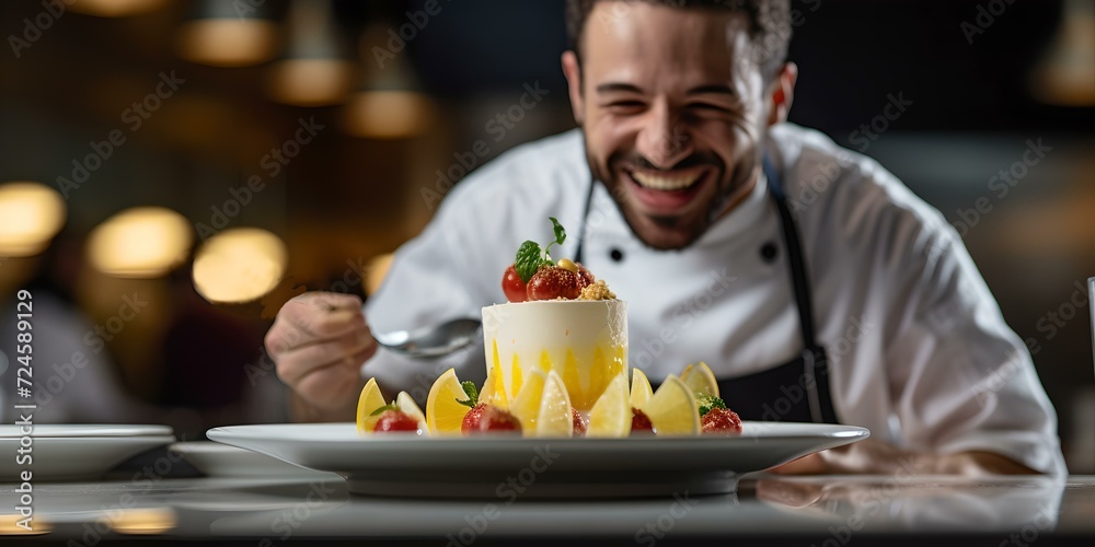 Smiling chef presenting a gourmet cake in a kitchen setting. culinary art, professional cuisine, joyful presentation. AI