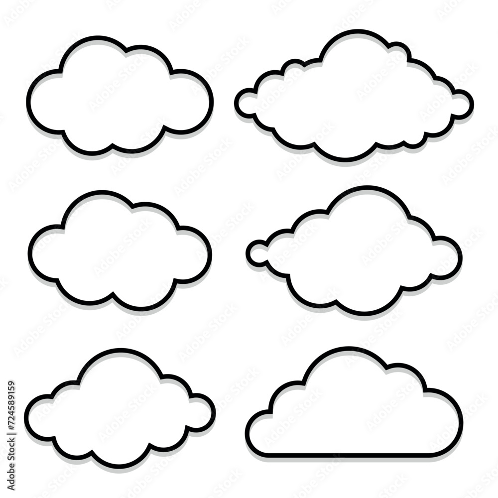 Set of outline clouds with shadows