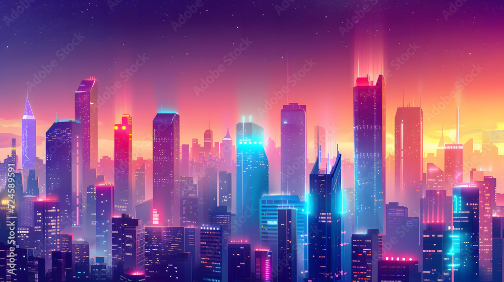 neon glowing buildings and futuristic elements for abstract background