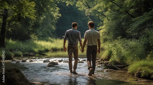 A rear view of a gay couple strolling along the river holding hands.