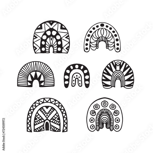 rainbow doodle illustration, set of seven rainbows, hand drawn coloring page, black and white outline sketch with ornament