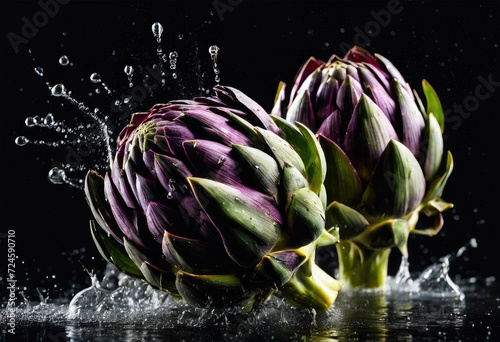 Fresh artichokes splashed with water on black background
