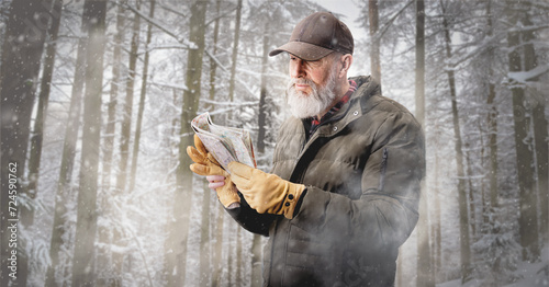 Homme qui réalise une randonnée trekking en hiver dansd une forêt qui consulte sa carte pour trouver un itinéraire