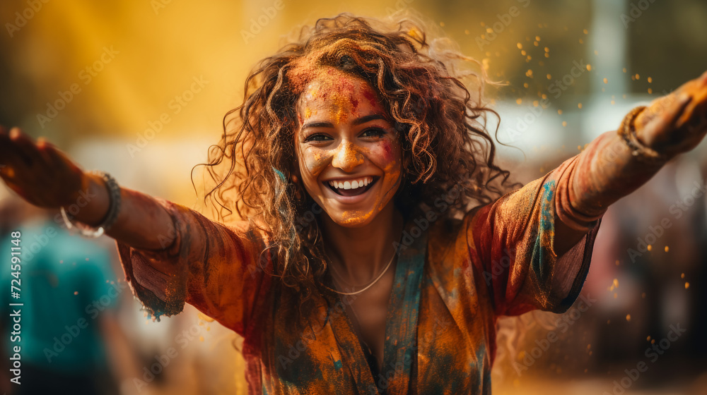 Holi Festival Of Colours. Portrait of happy indian girl in traditional hindu sari on holi color . india woman silver jewelry with powder paint on dress ,colorful pink and blue hair in Goa Kerala - obrazy, fototapety, plakaty 