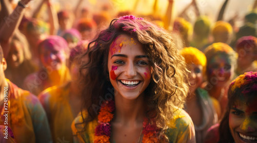 Outdoor image of Asian, Indian happy, beautiful mother daughter in Indian dress celebrating the Holi festival together with color powder.