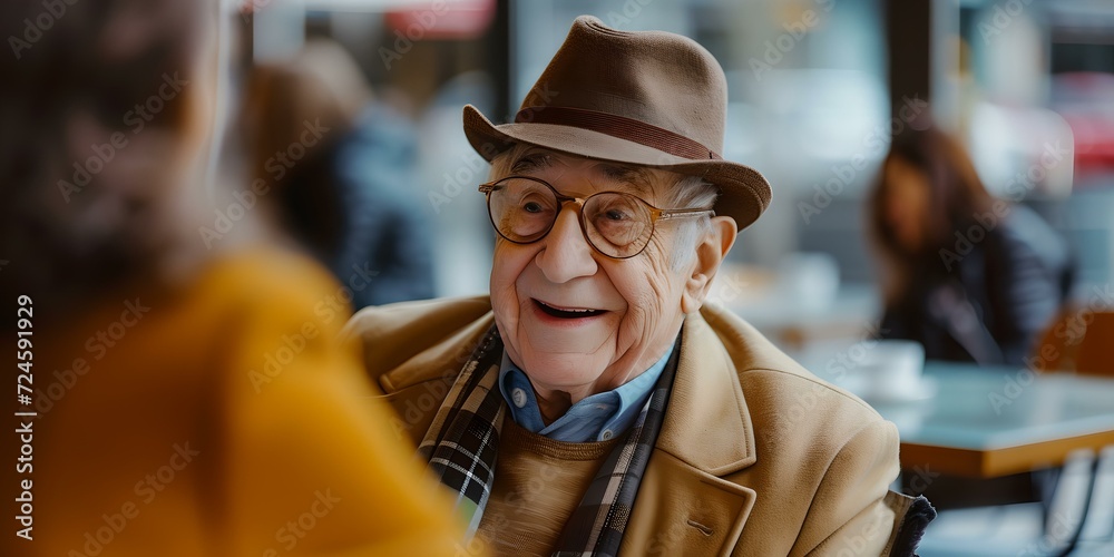 Elderly gentleman in stylish hat having a conversation at a cafe. candid senior lifestyle portrait. AI